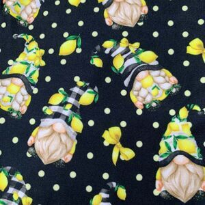 Yellow Lemon Gnomes Print Polkadot Black Leggings w/ Double Pockets